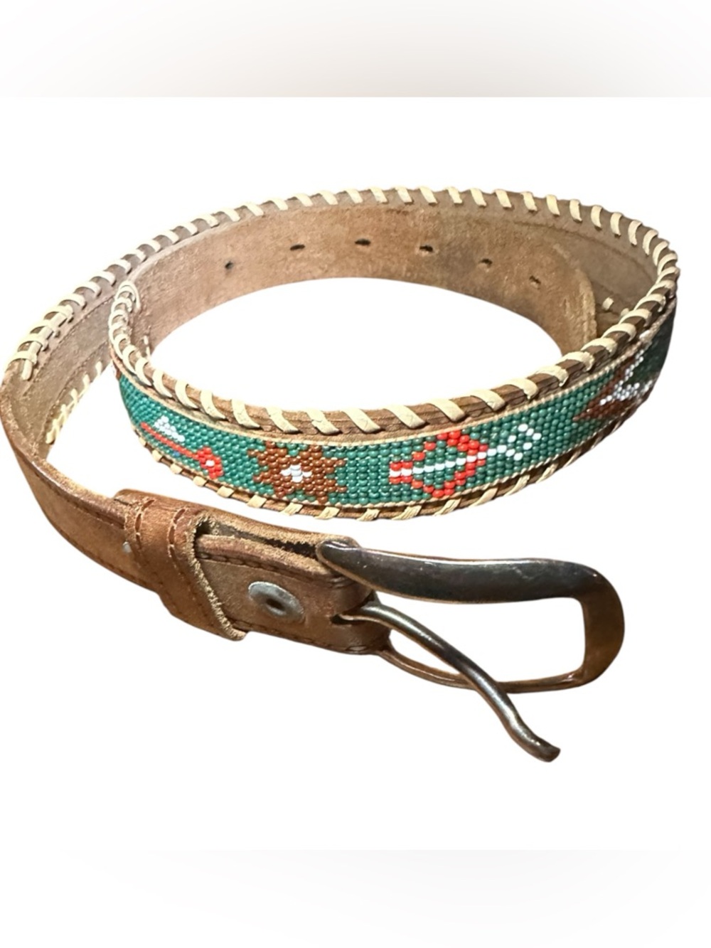 Vintage Beaded Leather Belt Western Boho Tribal 27–31. Boho, western, Y2K, Retro